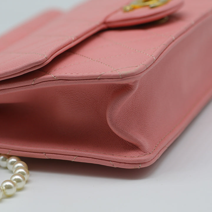 Chanel Pearl Chain Flap Bag in Pink Lambskin with Gold Hardware