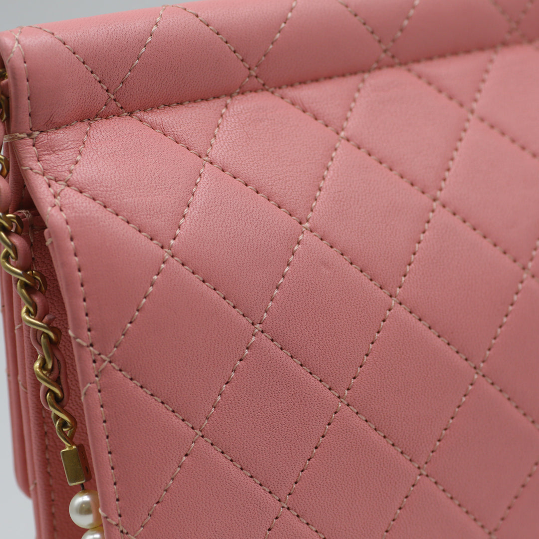 Chanel Pearl Chain Flap Bag in Pink Lambskin with Gold Hardware