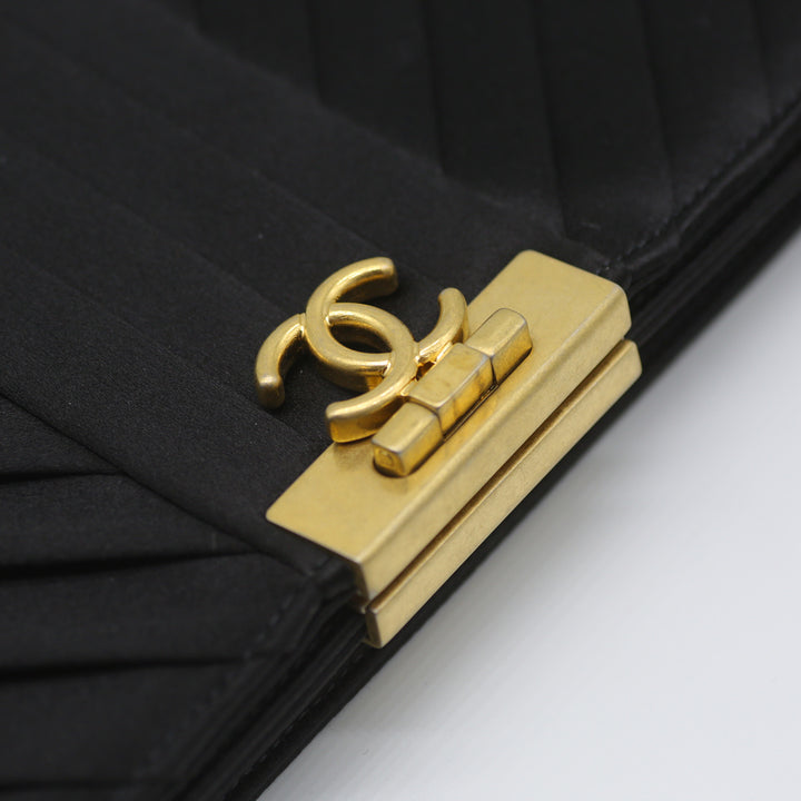 Chanel CC Logo Fold Clasp Clutch in Satin Chevron with Gold Hardware