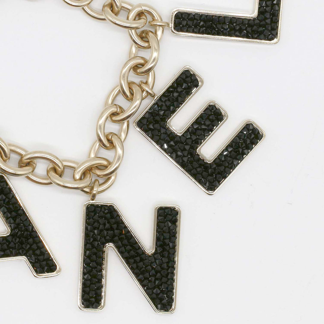 Chanel Black Crystal-Encrusted Letters Gold Chain Charm Bracelet