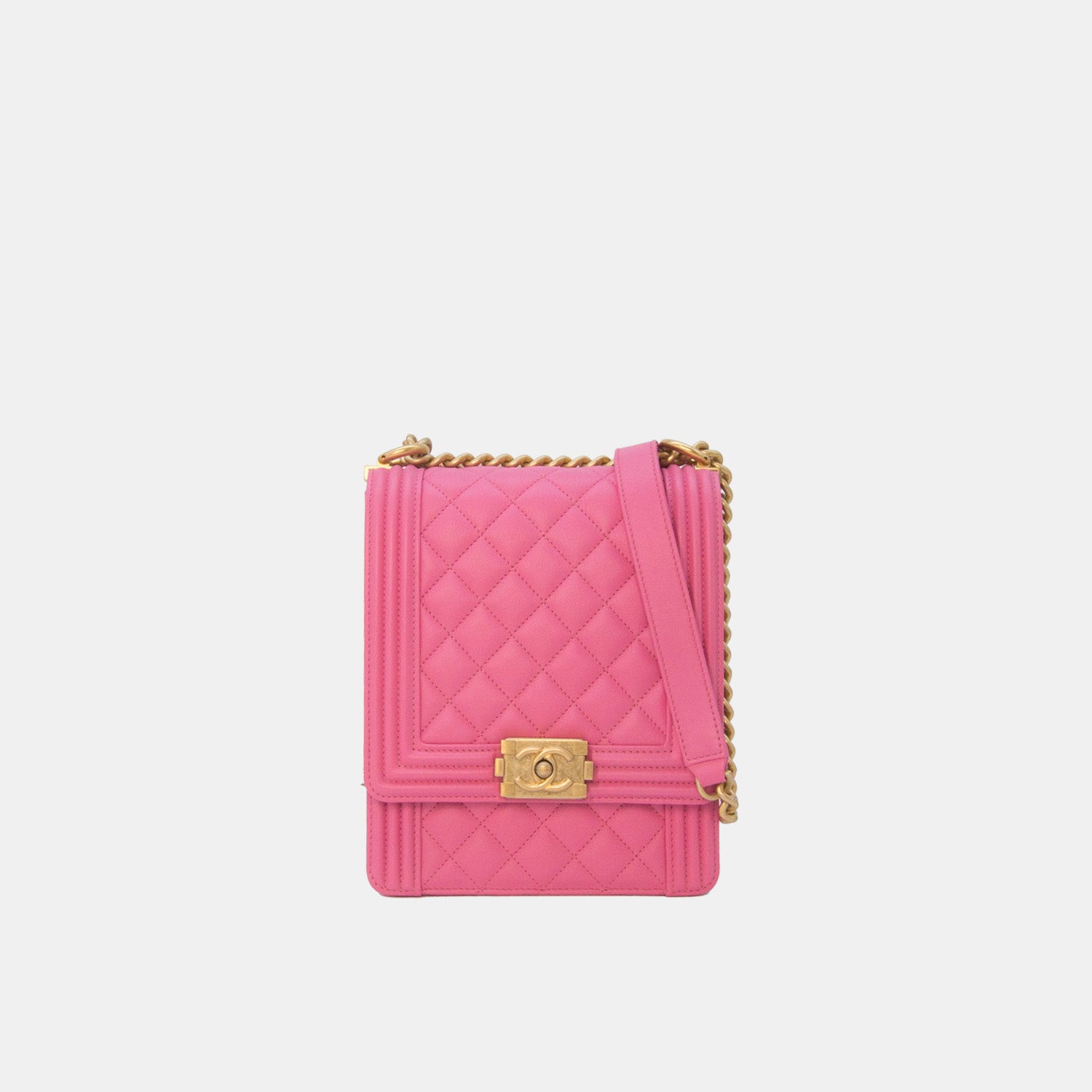 Chanel North South Boy Flap Bag in Pink Lambskin and Gold