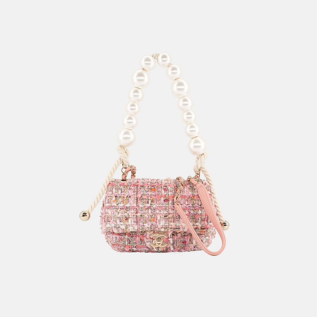 Front of the Chanel Pink Tweed and Pearls Classic Single Flap Bag.