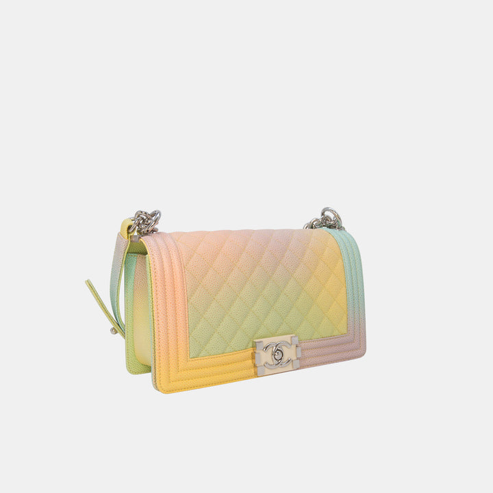 This Chanel Boy bag features a rainbow coloured gradient caviar leather.