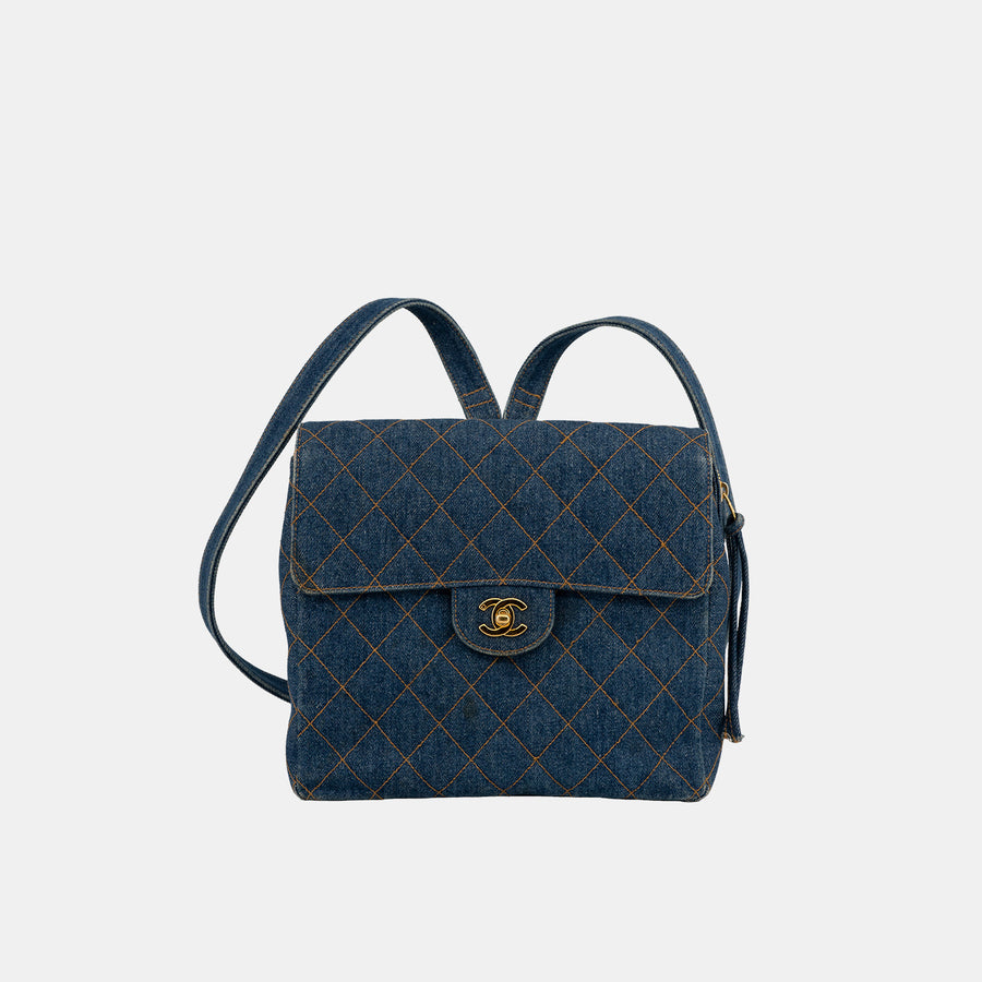The front of the Chanel Vintage Denim Flap Backpack.
