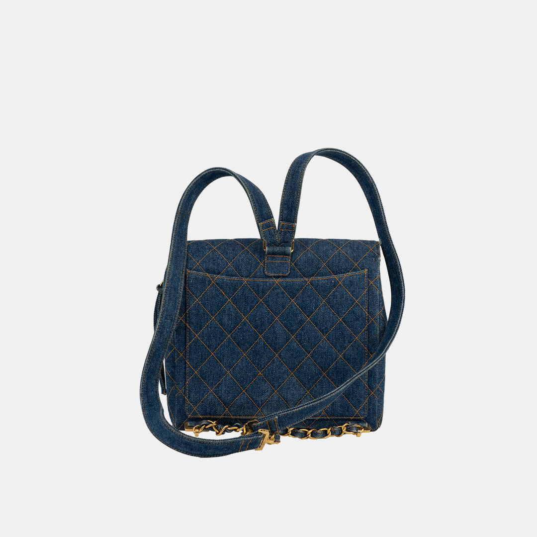 The back of the Chanel Vintage Denim Flap Backpack.