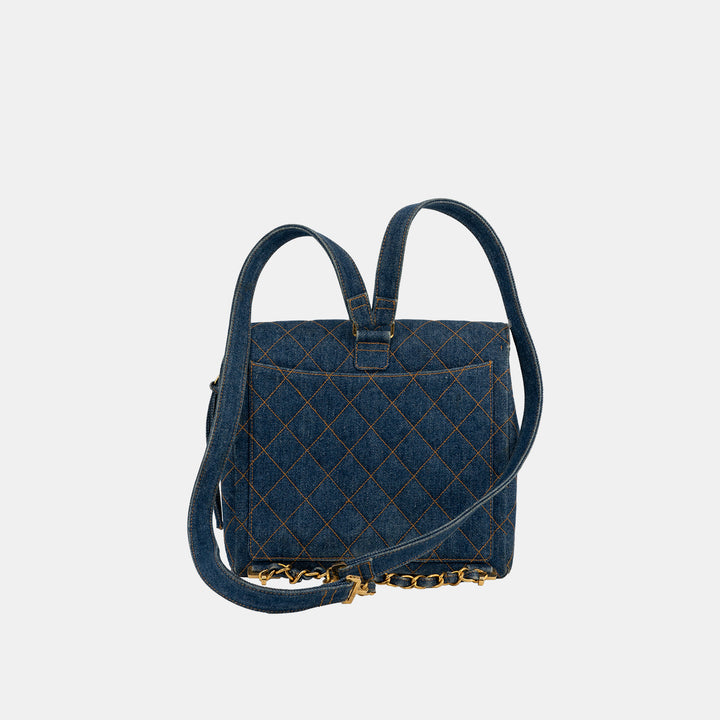 The back of the Chanel Vintage Denim Flap Backpack.