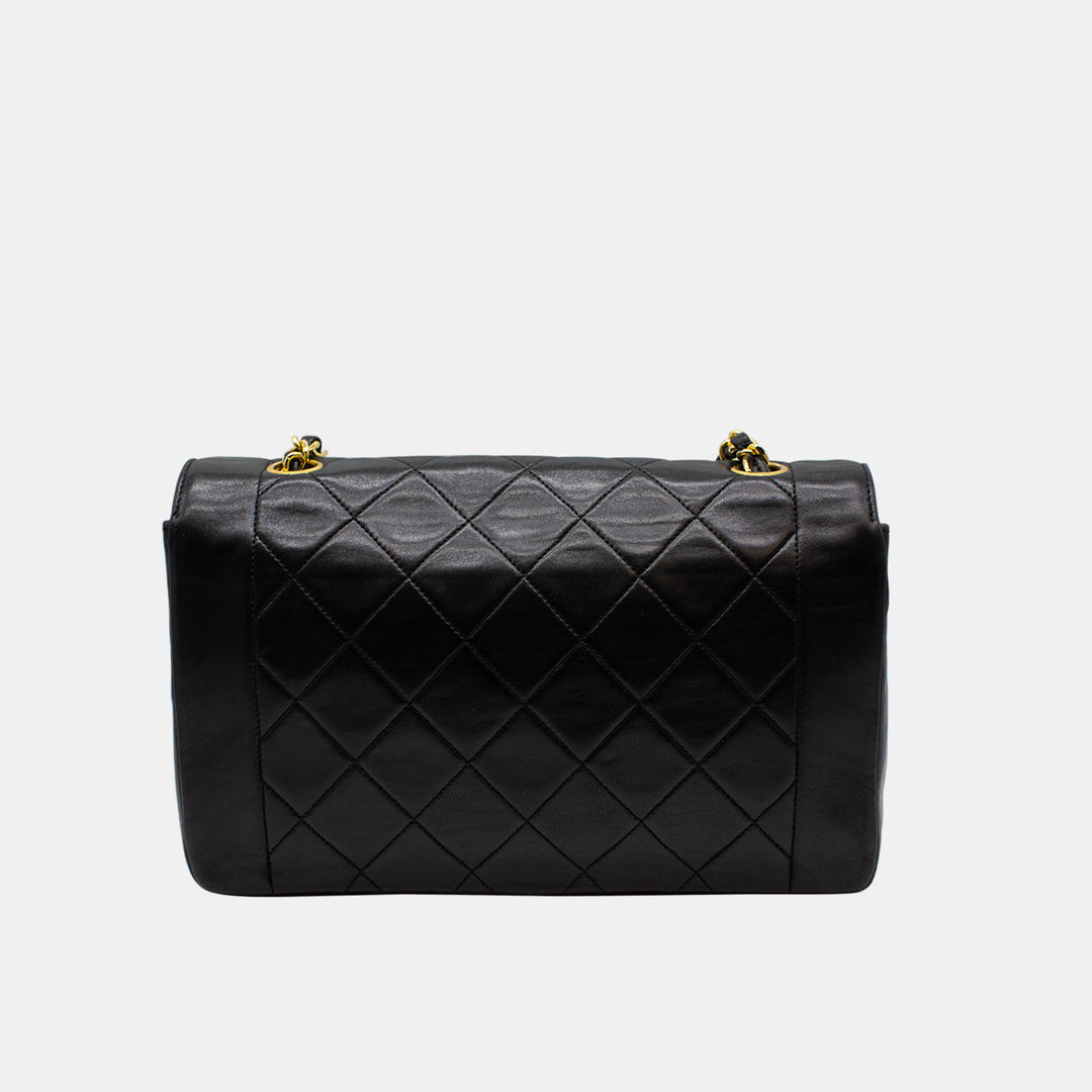 The back of the bag showing the iconic Chanel diamond leather quilting.