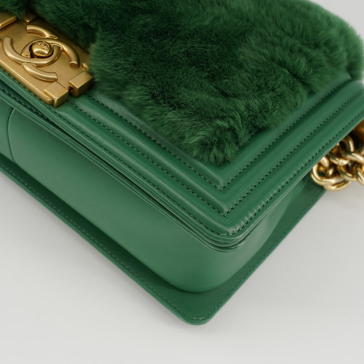 Chanel Medium Boy Flap Bag in Green Rabbit Fur and Lambskin with Gold Hardware