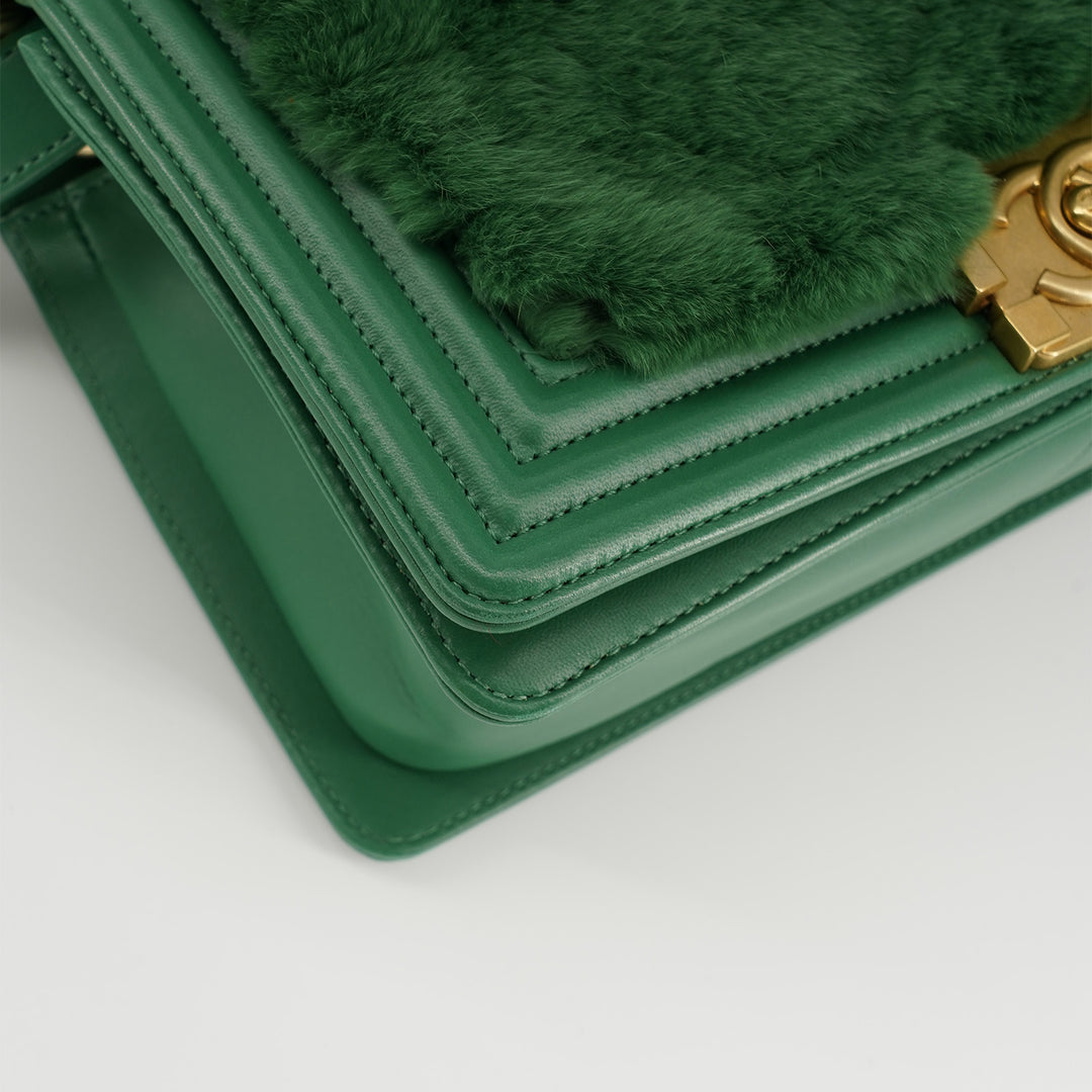 Chanel Medium Boy Flap Bag in Green Rabbit Fur and Lambskin with Gold Hardware