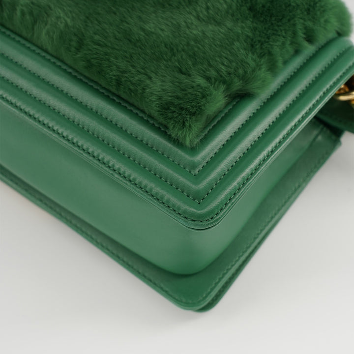 Chanel Medium Boy Flap Bag in Green Rabbit Fur and Lambskin with Gold Hardware