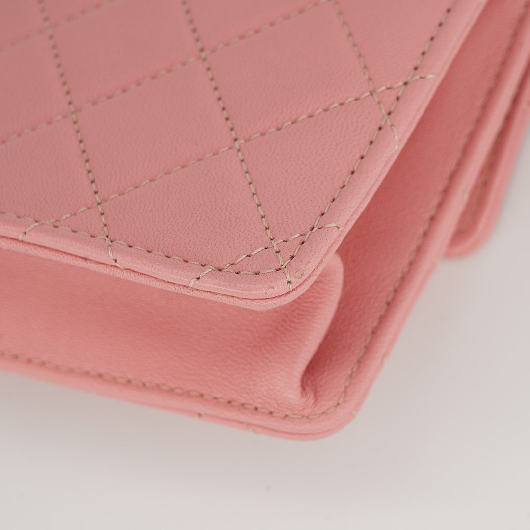 Chanel Pearl Chain Flap Bag in Pink Lambskin with Gold Hardware