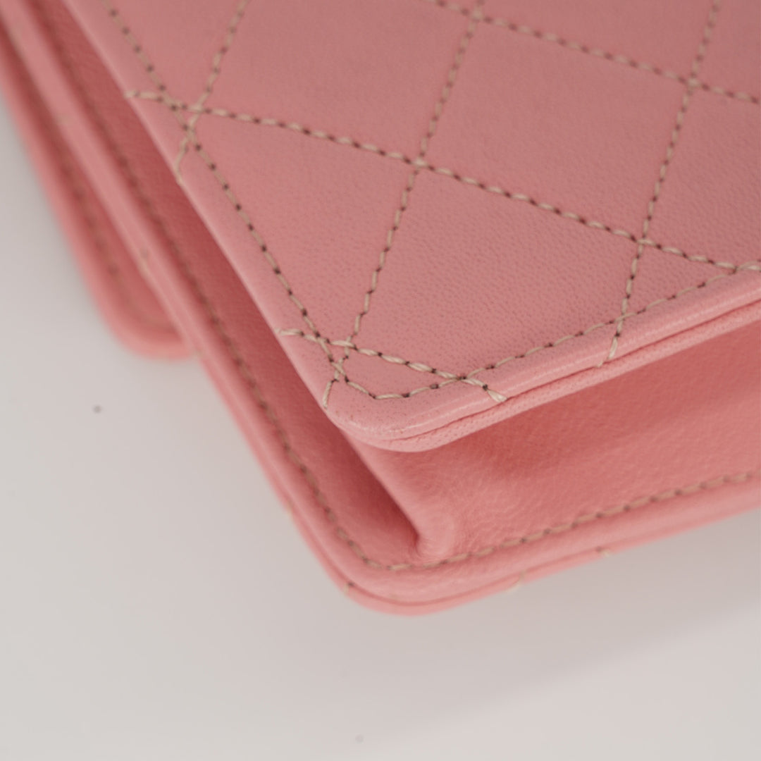 Chanel Pearl Chain Flap Bag in Pink Lambskin with Gold Hardware
