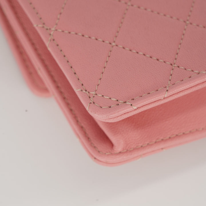 Chanel Pearl Chain Flap Bag in Pink Lambskin with Gold Hardware