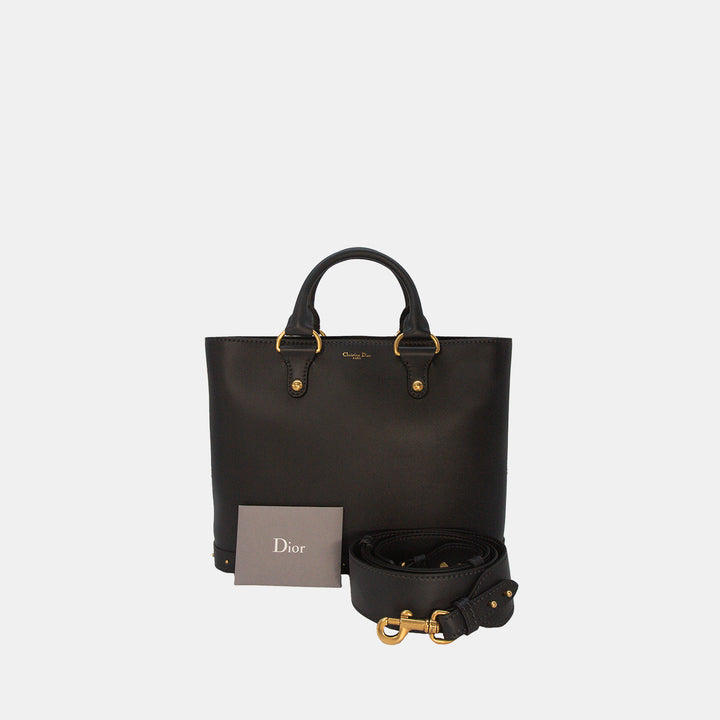 Dior Black Dior Avenue Leather Gold Studded Tote Bag with shoulder strap.