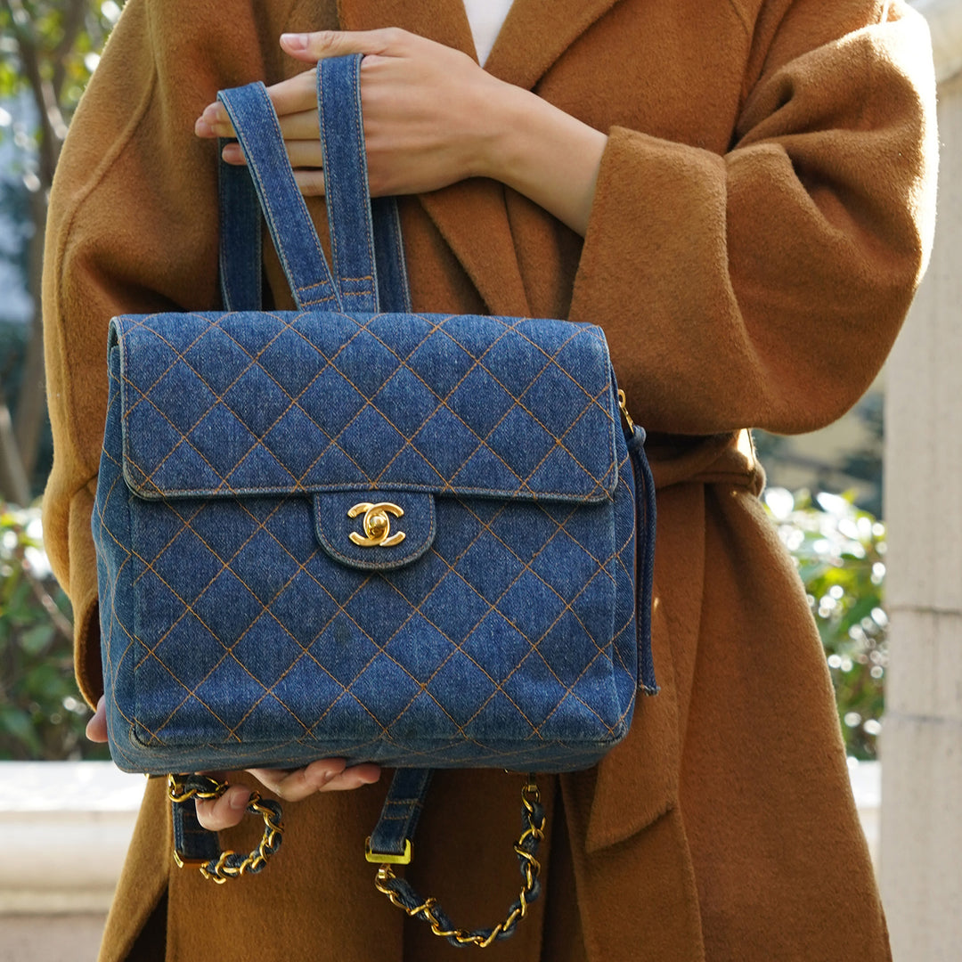 Chanel Vintage Denim Flap Backpack with Gold Hardware