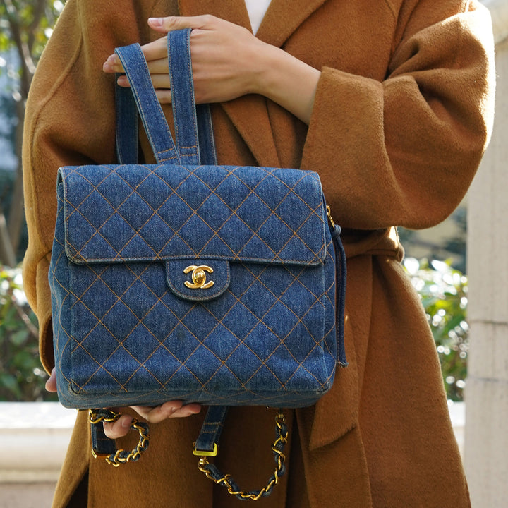 Chanel Vintage Denim Flap Backpack with Gold Hardware