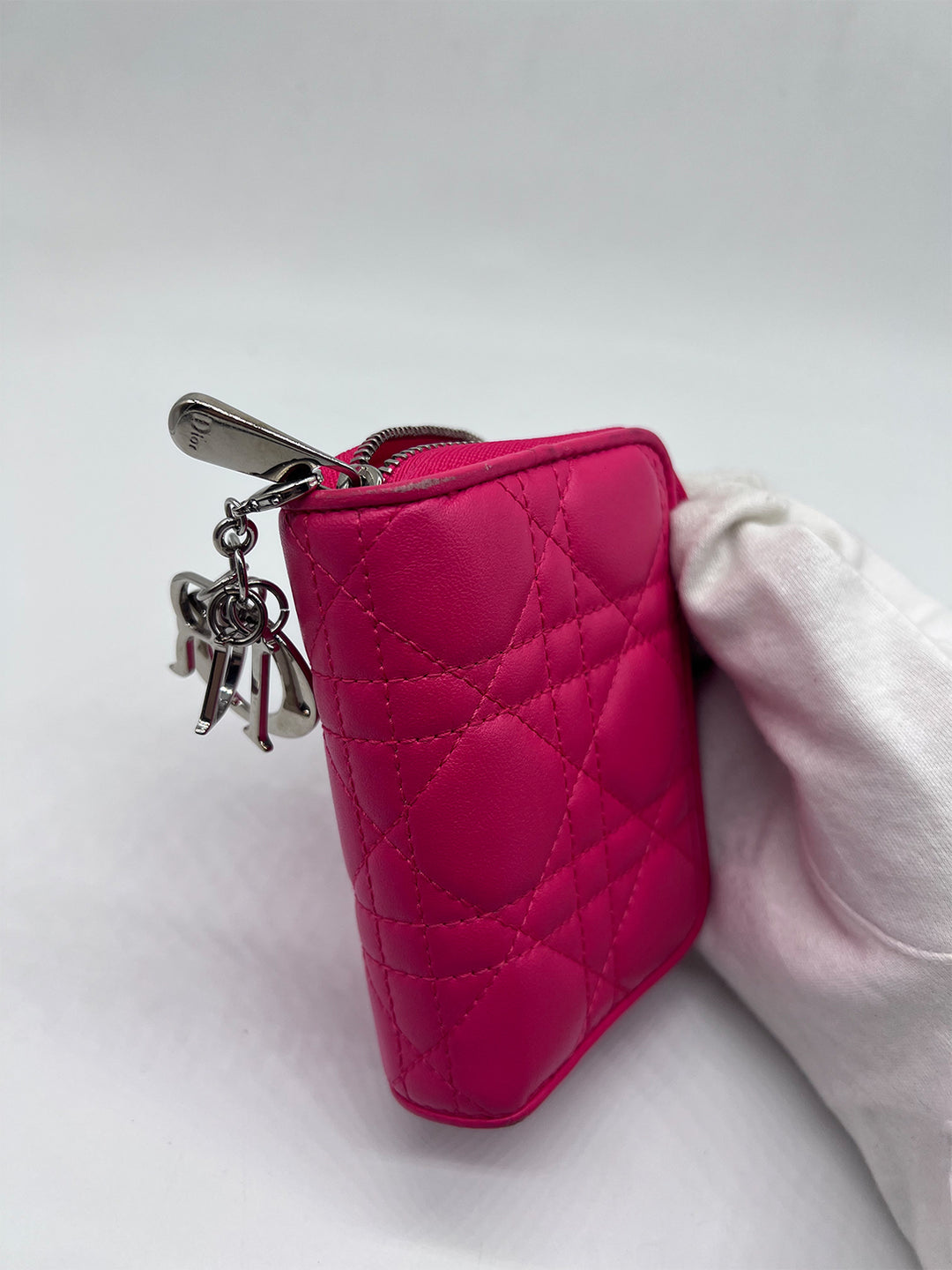Dior Compact Zip Around Wallet in Fuchsia Cannage Leather