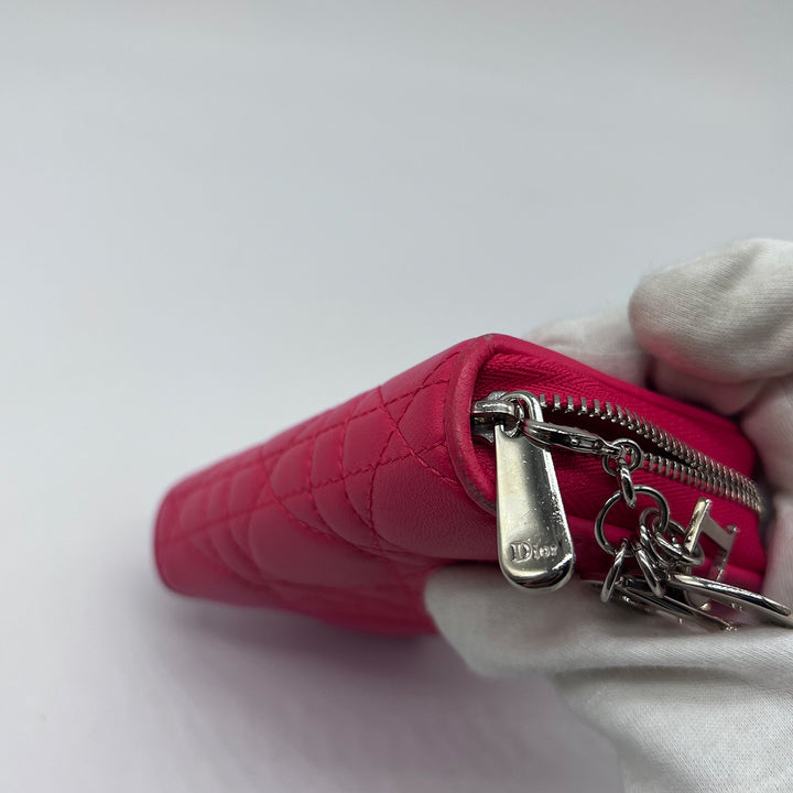 Dior Compact Zip Around Wallet in Fuchsia Cannage Leather