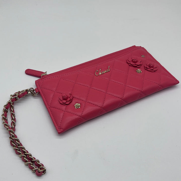 Chanel Small Camellia CC Charm Wallet Clutch in Pink Lambskin with Gold Hardware