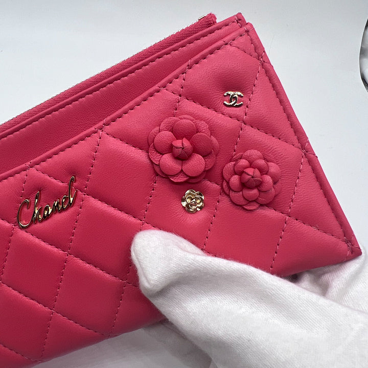 Chanel Small Camellia CC Charm Wallet Clutch in Pink Lambskin with Gold Hardware