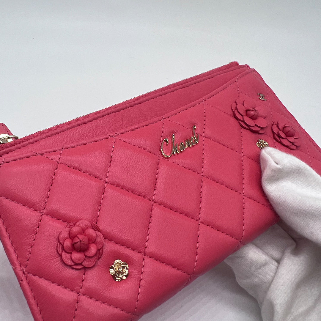 Chanel Small Camellia CC Charm Wallet Clutch in Pink Lambskin with Gold Hardware