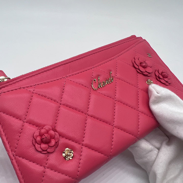 Chanel Small Camellia CC Charm Wallet Clutch in Pink Lambskin with Gold Hardware
