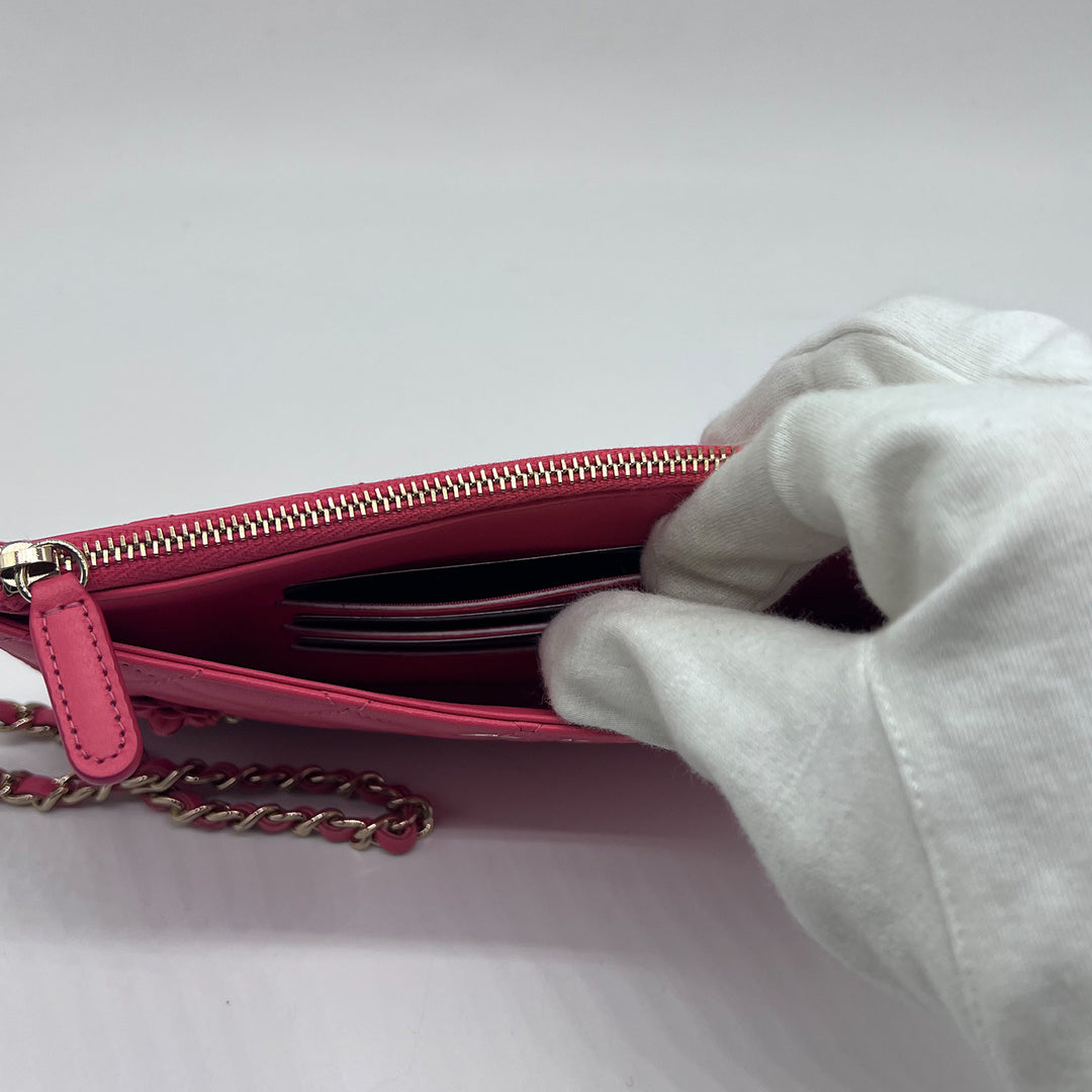 Chanel Small Camellia CC Charm Wallet Clutch in Pink Lambskin with Gold Hardware