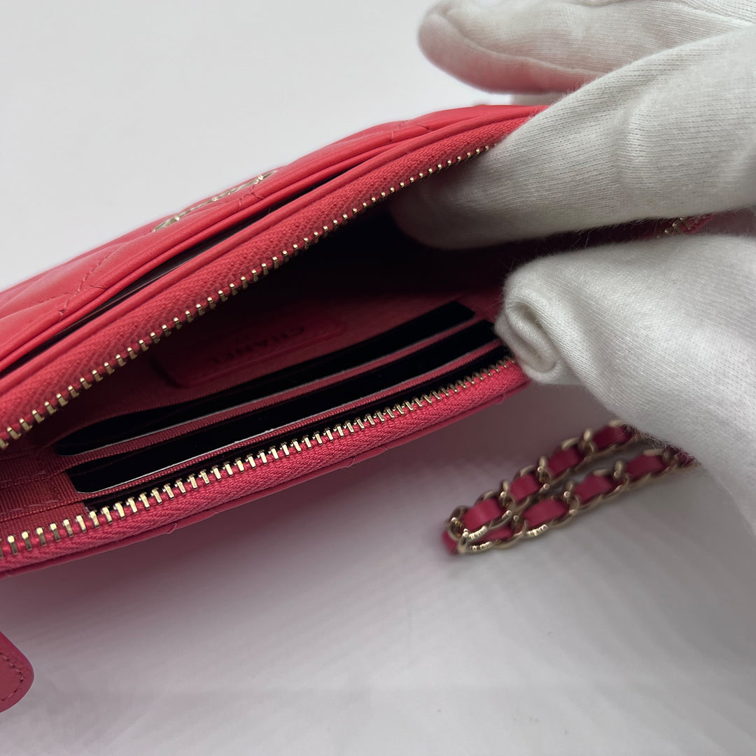Chanel Small Camellia CC Charm Wallet Clutch in Pink Lambskin with Gold Hardware