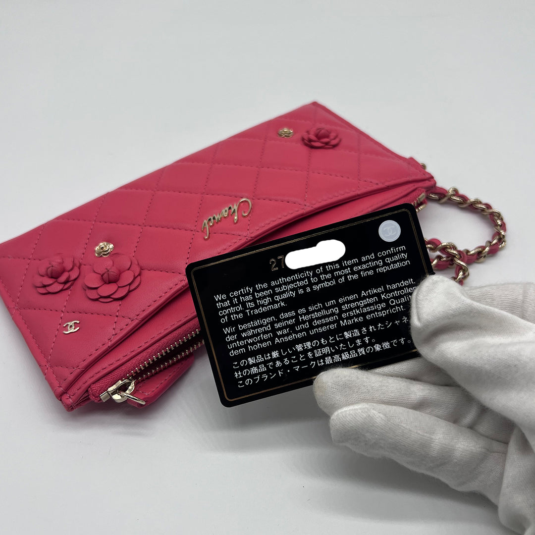 Chanel Small Camellia CC Charm Wallet Clutch in Pink Lambskin with Gold Hardware
