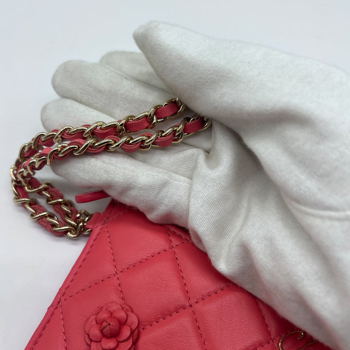 Chanel Small Camellia CC Charm Wallet Clutch in Pink Lambskin with Gold Hardware