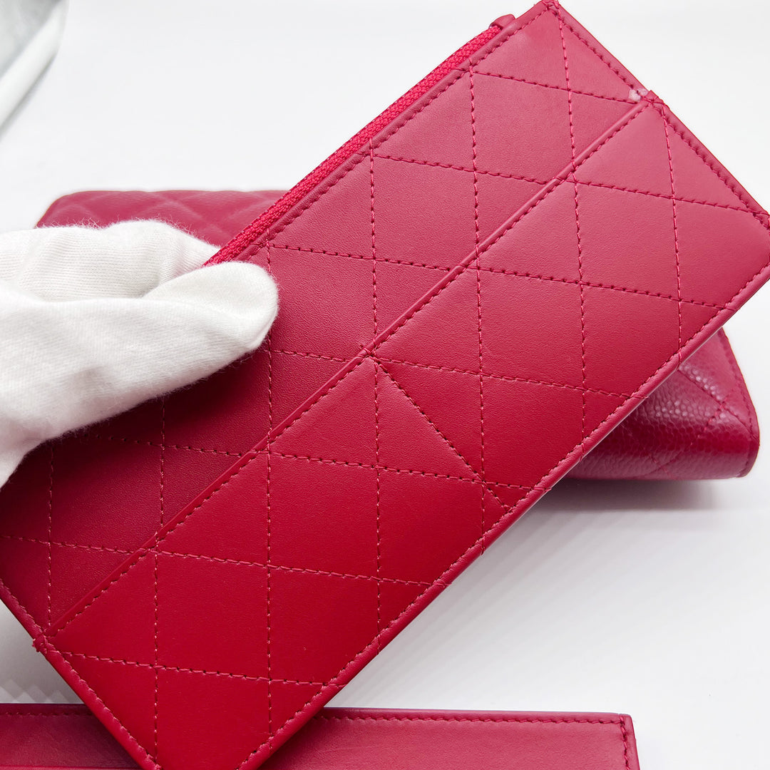 Chanel Travel Wallet in Red Caviar Quilted with Coin Pouch and Card Holder
