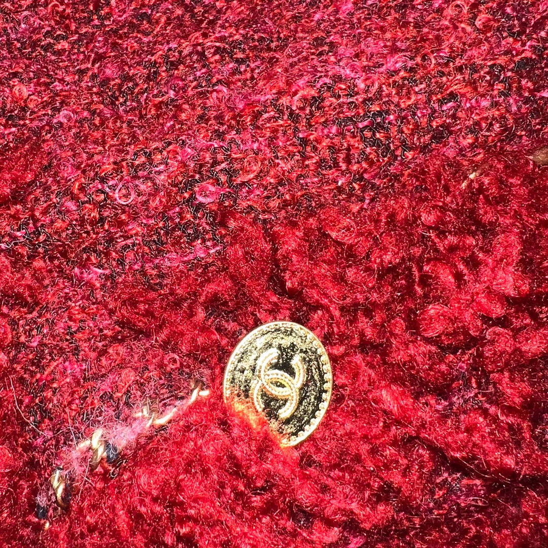 Chanel Fringed Clutch Bag in Red Tweed with Gold Hardware