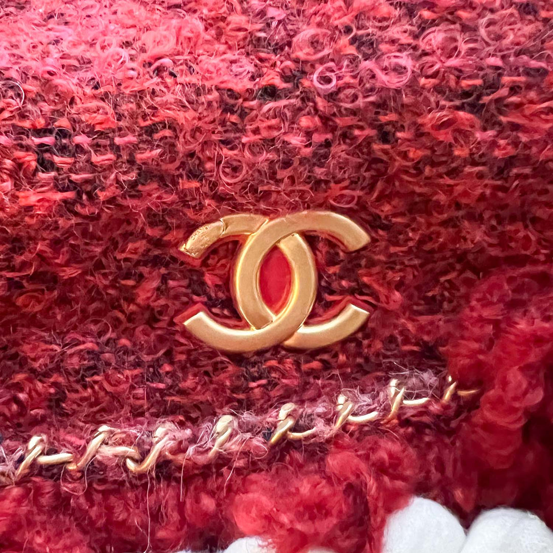Chanel Fringed Clutch Bag in Red Tweed with Gold Hardware