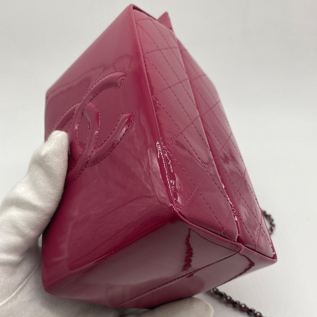 Chanel Milk Carton Bag in Dark Pink Fuchsia Patent Leather with Sliver Hardware