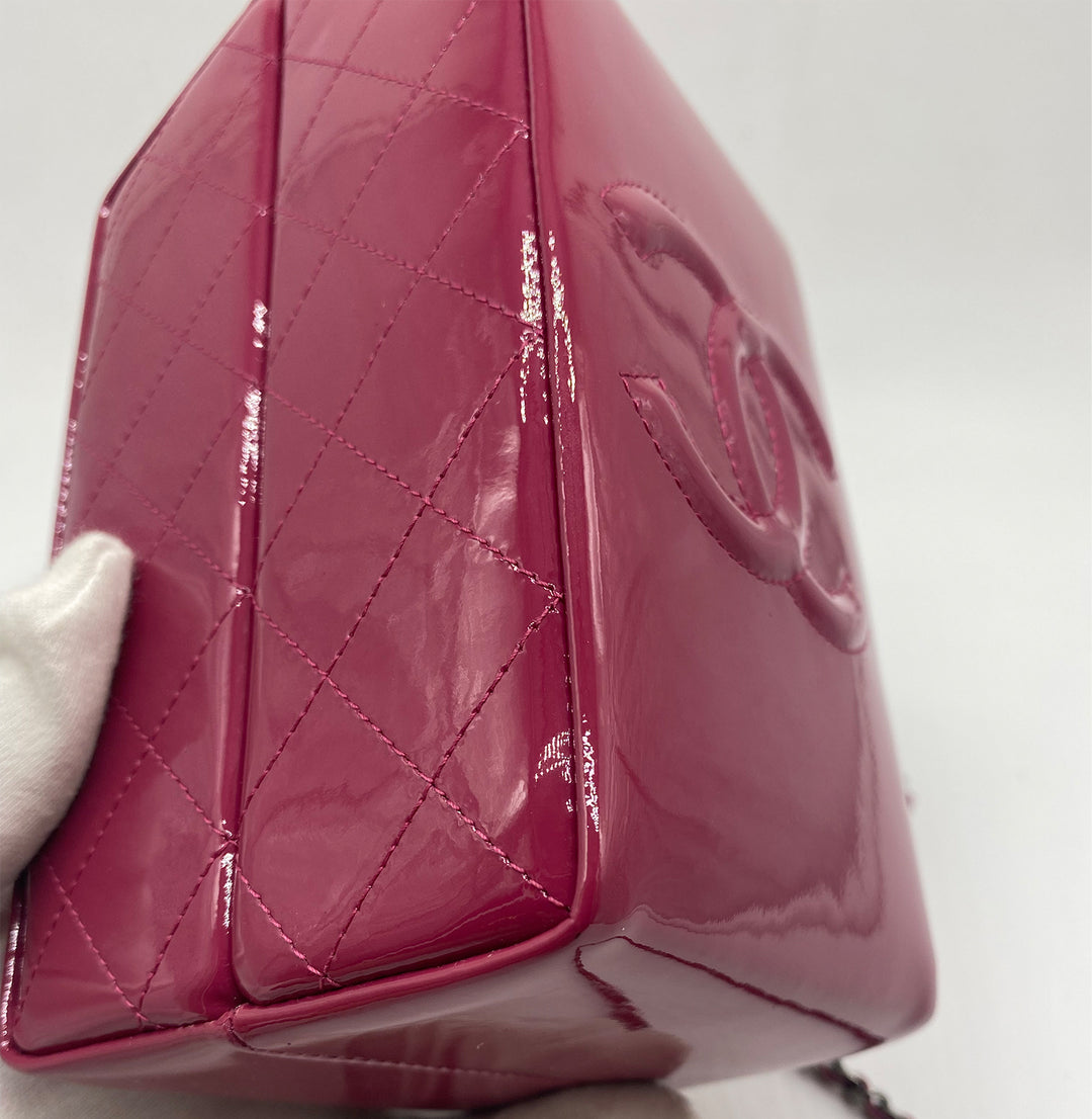 Chanel Milk Carton Bag in Dark Pink Fuchsia Patent Leather with Sliver Hardware