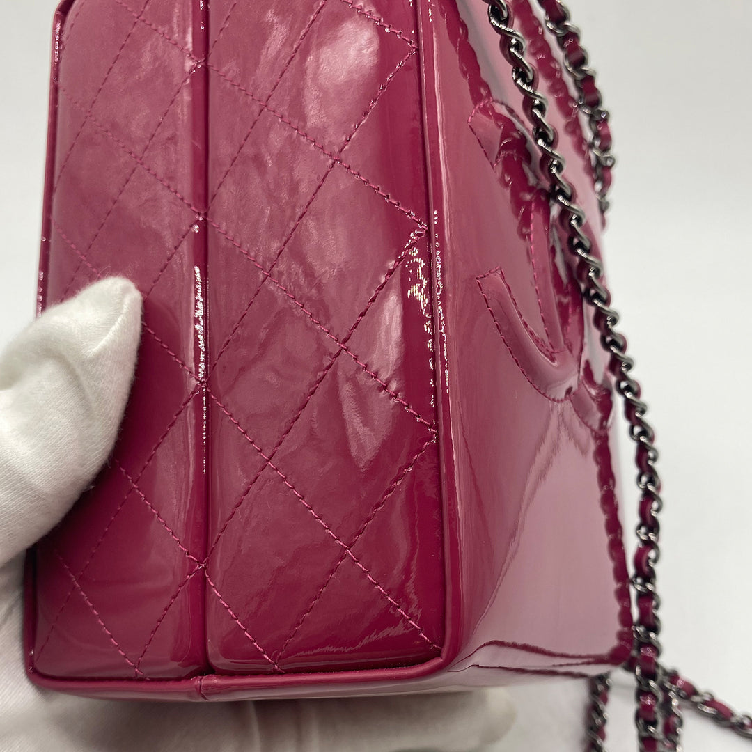 Chanel Milk Carton Bag in Dark Pink Fuchsia Patent Leather with Sliver Hardware