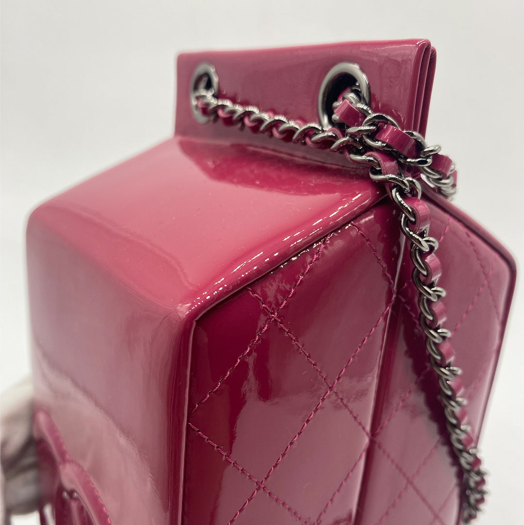 Chanel Milk Carton Bag in Dark Pink Fuchsia Patent Leather with Sliver Hardware