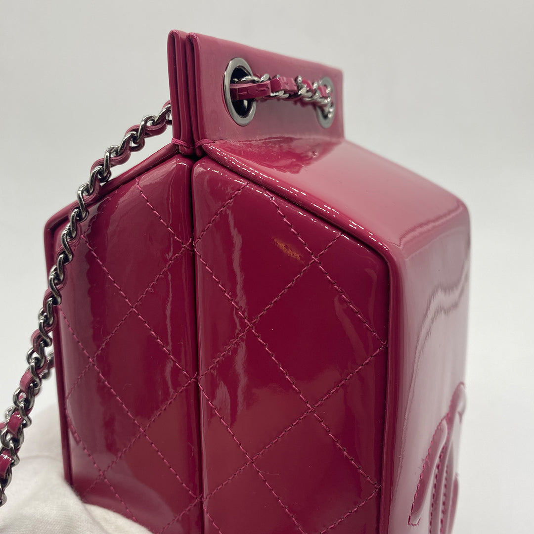 Chanel Milk Carton Bag in Dark Pink Fuchsia Patent Leather with Sliver Hardware