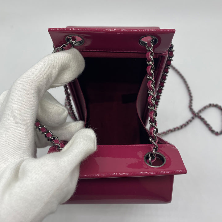 Chanel Milk Carton Bag in Dark Pink Fuchsia Patent Leather with Sliver Hardware