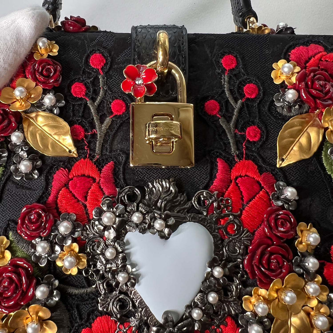 Dolce & Gabbana Black Sacred Heart & Roses Embroidered Box Bag