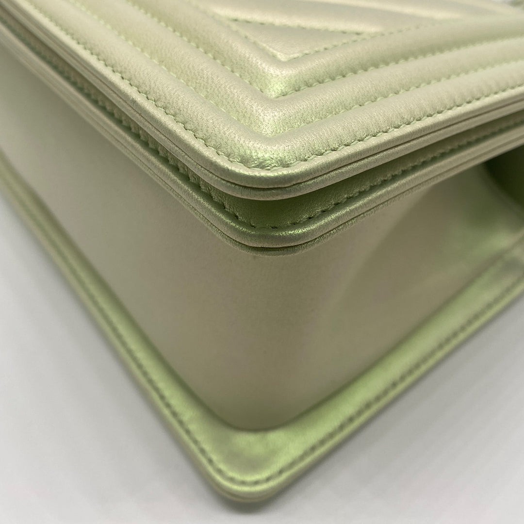 Chanel Medium Boy Flap in Iridescent Green Lambskin Chevron Quilted with Sliver Hardware