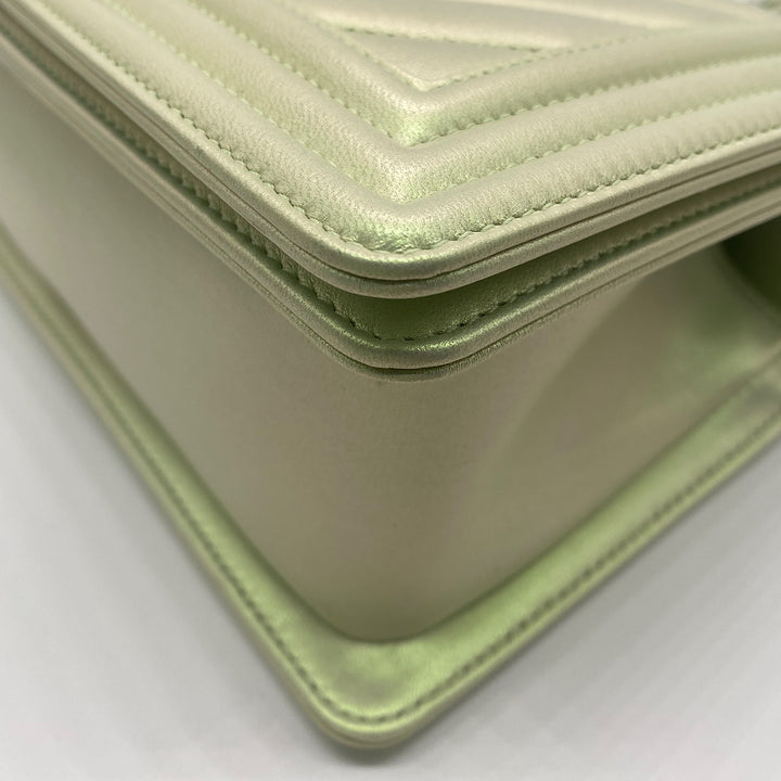 Chanel Medium Boy Flap in Iridescent Green Lambskin Chevron Quilted with Sliver Hardware