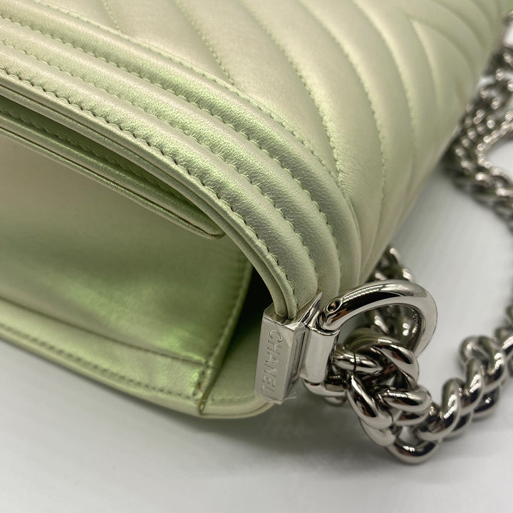 Chanel Medium Boy Flap in Iridescent Green Lambskin Chevron Quilted with Sliver Hardware