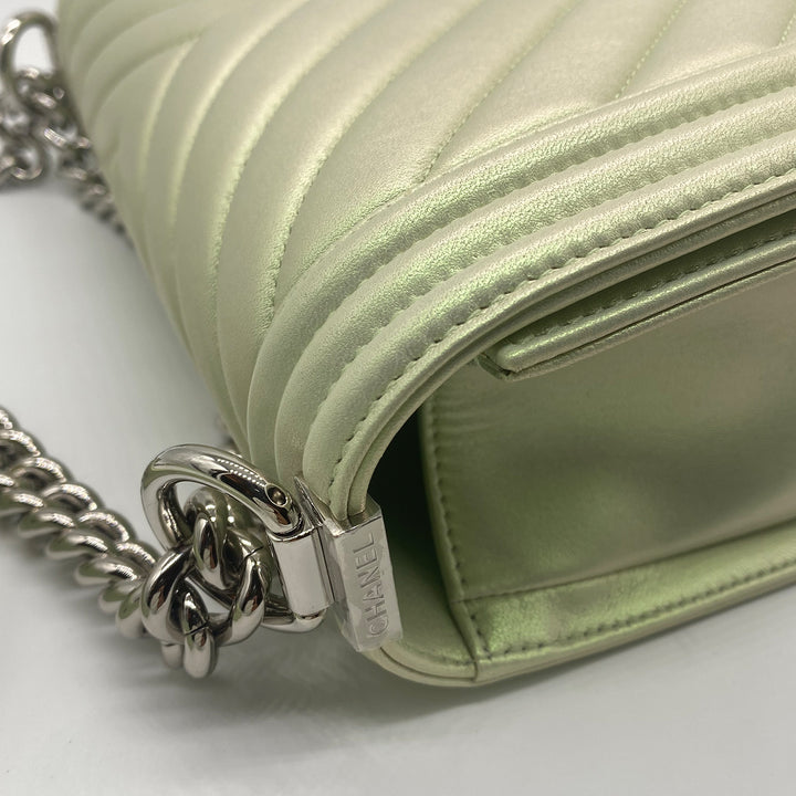 Chanel Medium Boy Flap in Iridescent Green Lambskin Chevron Quilted with Sliver Hardware