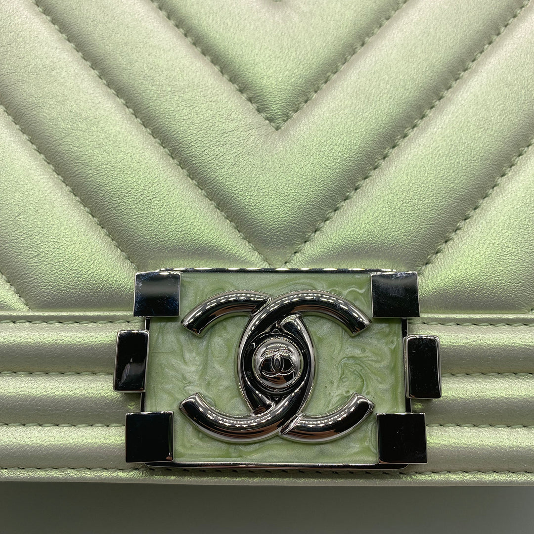 Chanel Medium Boy Flap in Iridescent Green Lambskin Chevron Quilted with Sliver Hardware