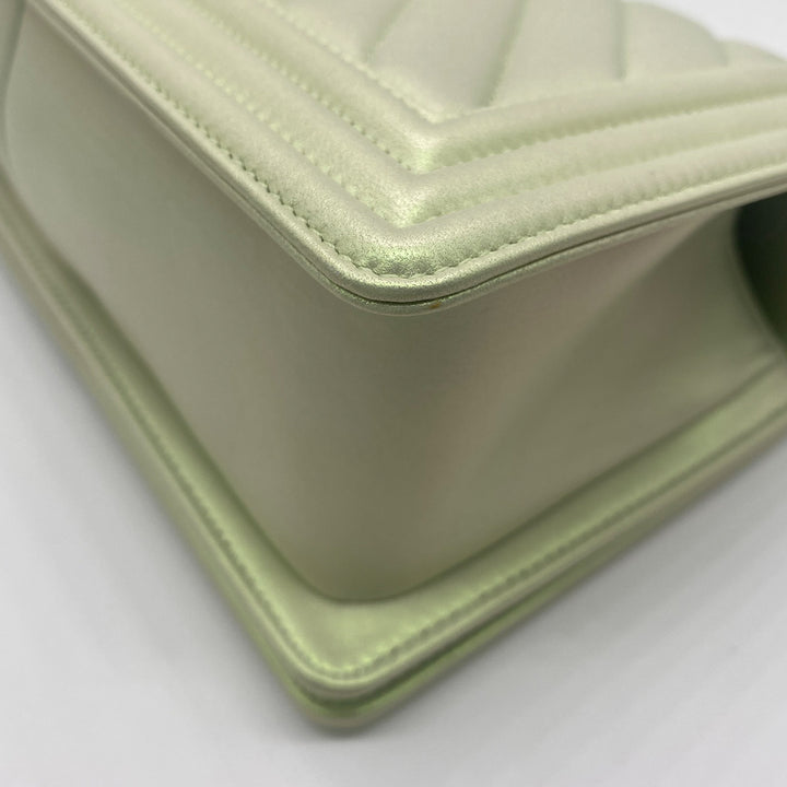 Chanel Medium Boy Flap in Iridescent Green Lambskin Chevron Quilted with Sliver Hardware