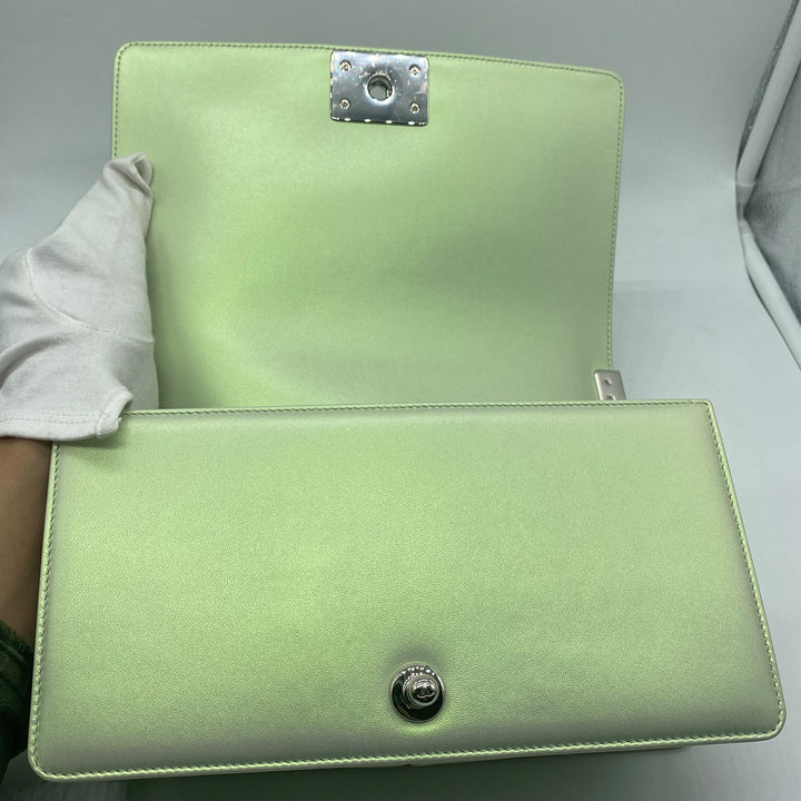 Chanel Medium Boy Flap in Iridescent Green Lambskin Chevron Quilted with Sliver Hardware