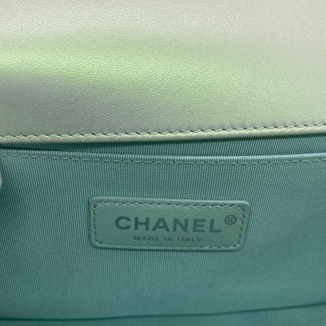 Chanel Medium Boy Flap in Iridescent Green Lambskin Chevron Quilted with Sliver Hardware