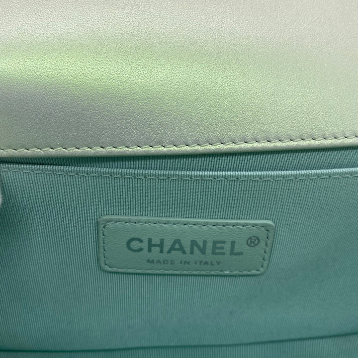 Chanel Medium Boy Flap in Iridescent Green Lambskin Chevron Quilted with Sliver Hardware