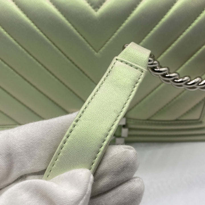 Chanel Medium Boy Flap in Iridescent Green Lambskin Chevron Quilted with Sliver Hardware